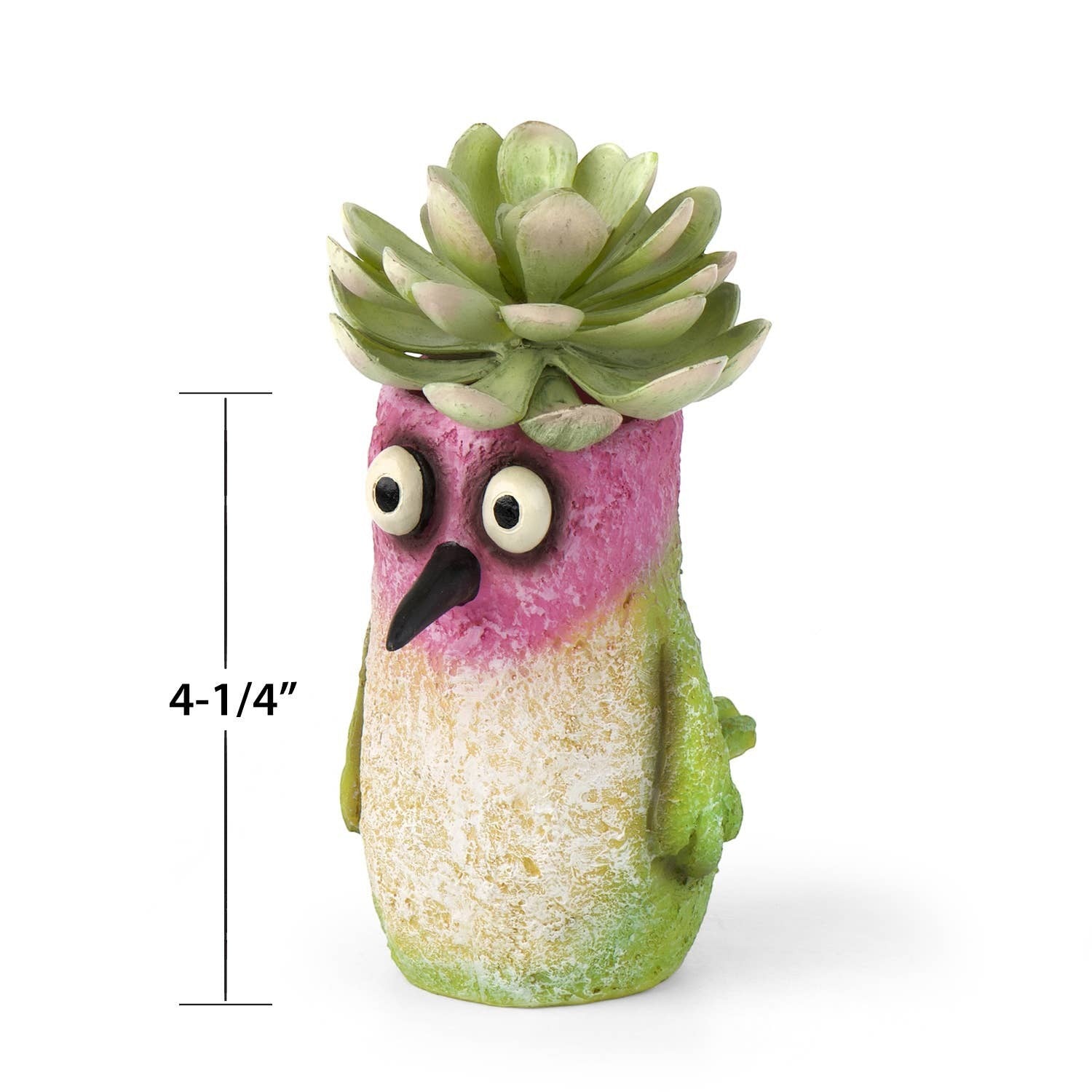 Mellow Monkey Flit Hummingbird Blobhouse Planter with pink, white, and green body, black beak, and succulent top.