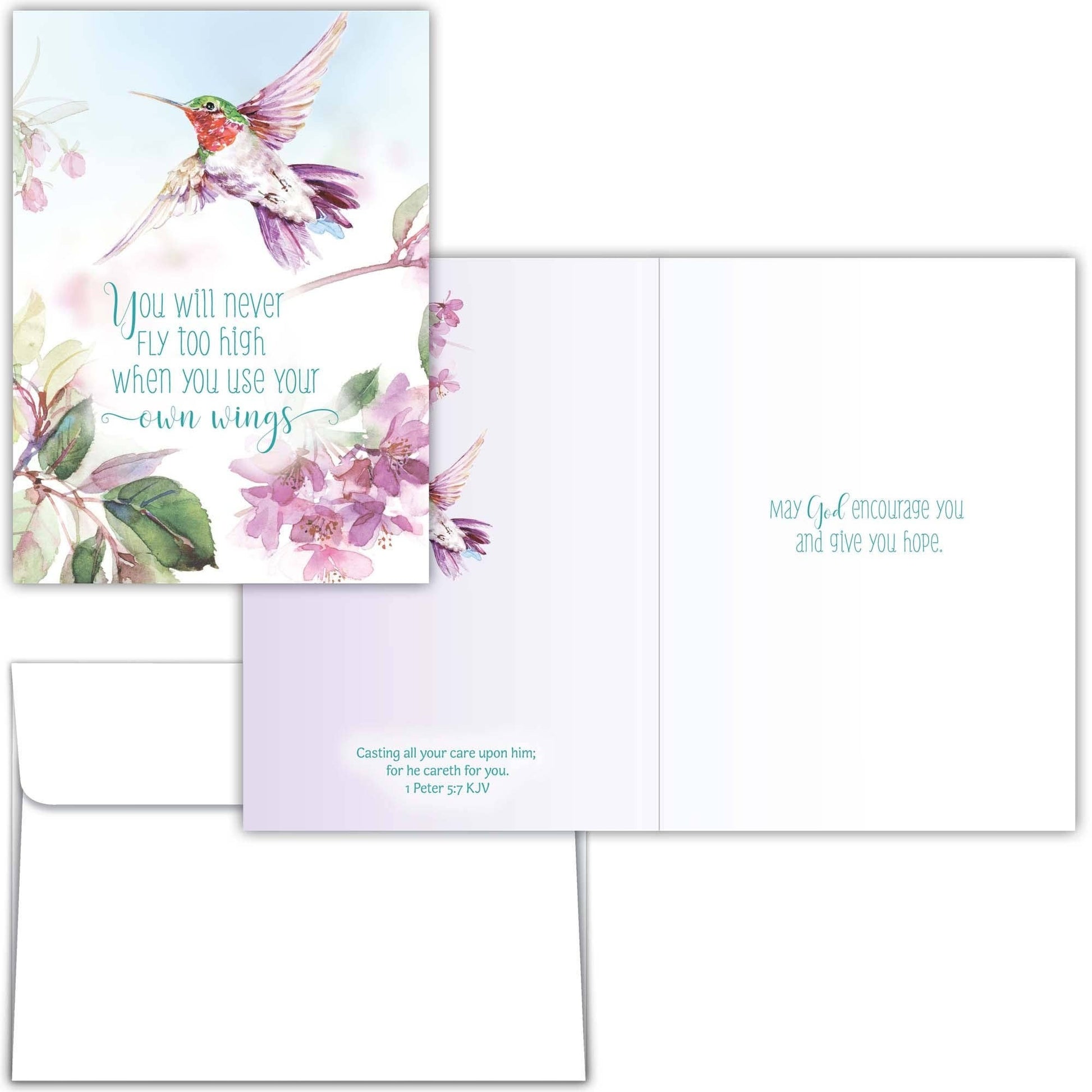 Mellow Monkey religious greeting card featuring a watercolor hummingbird, floral art, and KJV scripture verse.