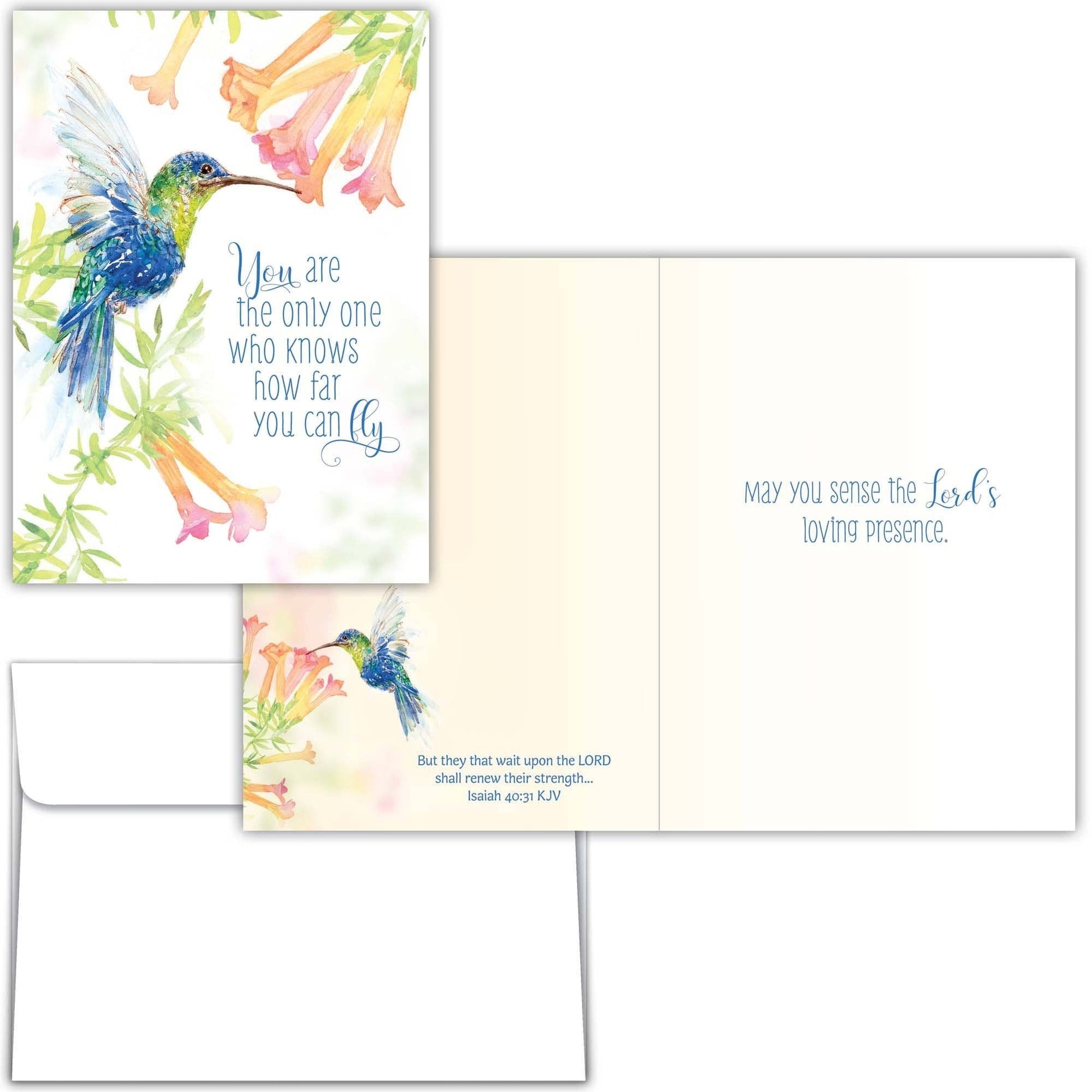 Mellow Monkey Wings of His Word religious encouragement card featuring a watercolor hummingbird and KJV scripture.