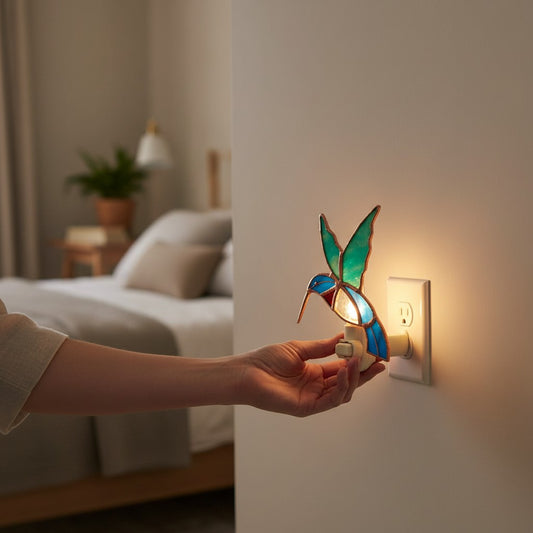 Mellow Monkey hummingbird stained glass nightlight with teal and blue glass, copper finish, plugged into a wall outlet