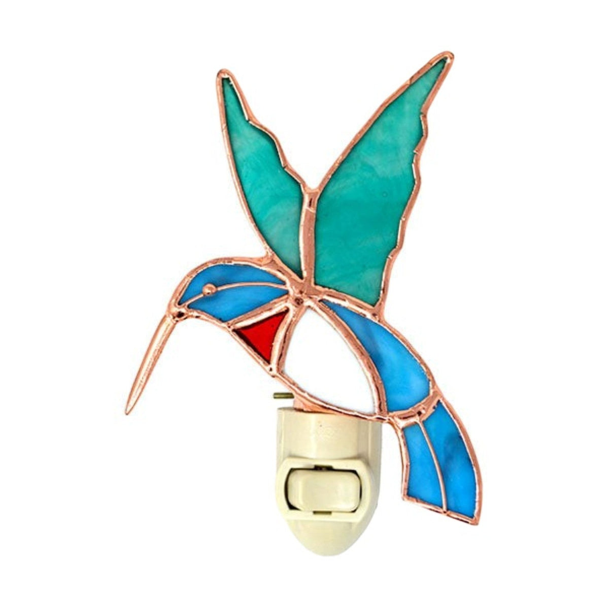 Mellow Monkey stained glass hummingbird nightlight with teal and blue glass, copper electroplate, and lead soldering.