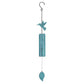 Mellow Monkey hummingbird wind bell featuring a teal patina steel chamber and a decorative leaf-shaped wind catcher.