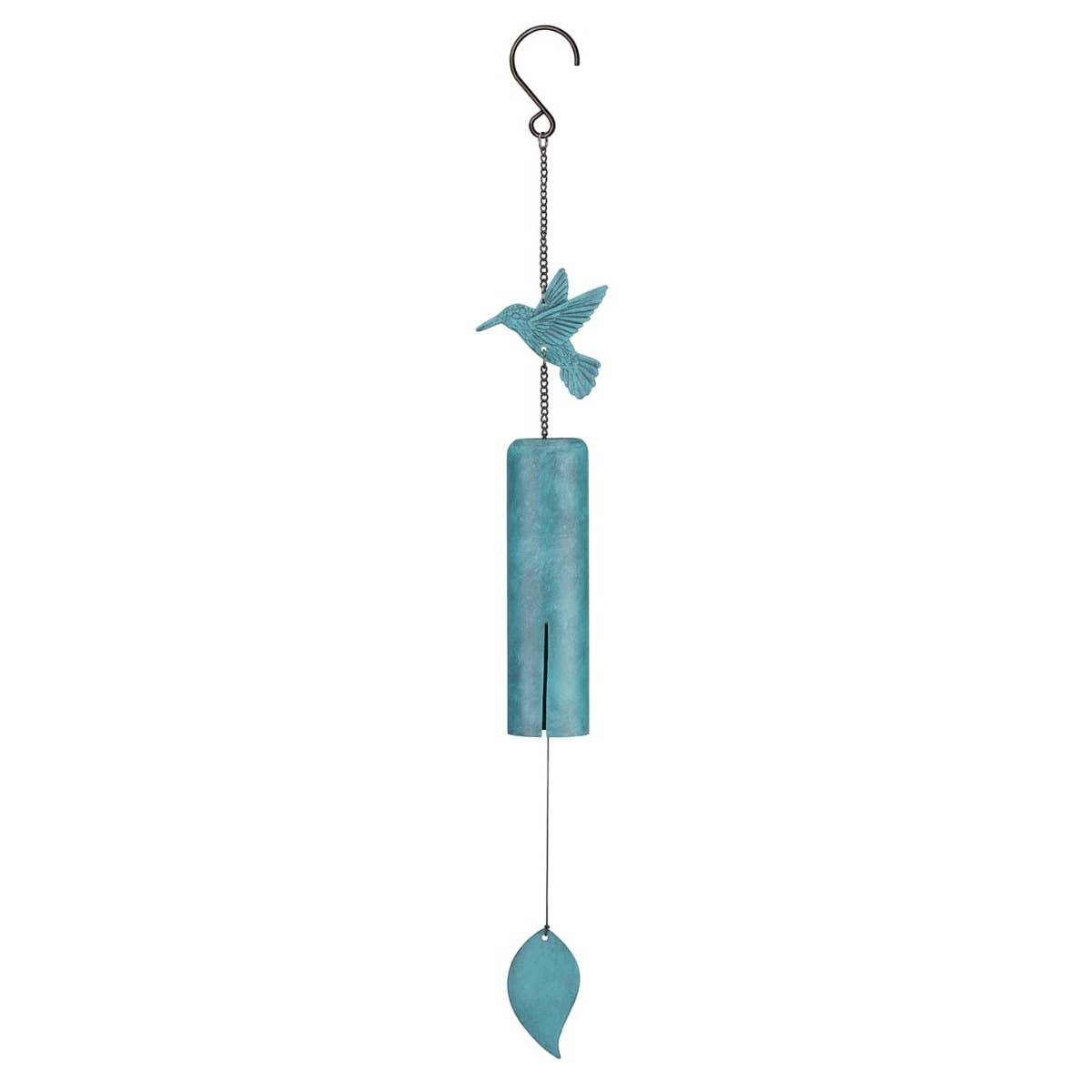 Mellow Monkey hummingbird wind bell featuring a teal patina steel chamber and a decorative leaf-shaped wind catcher.