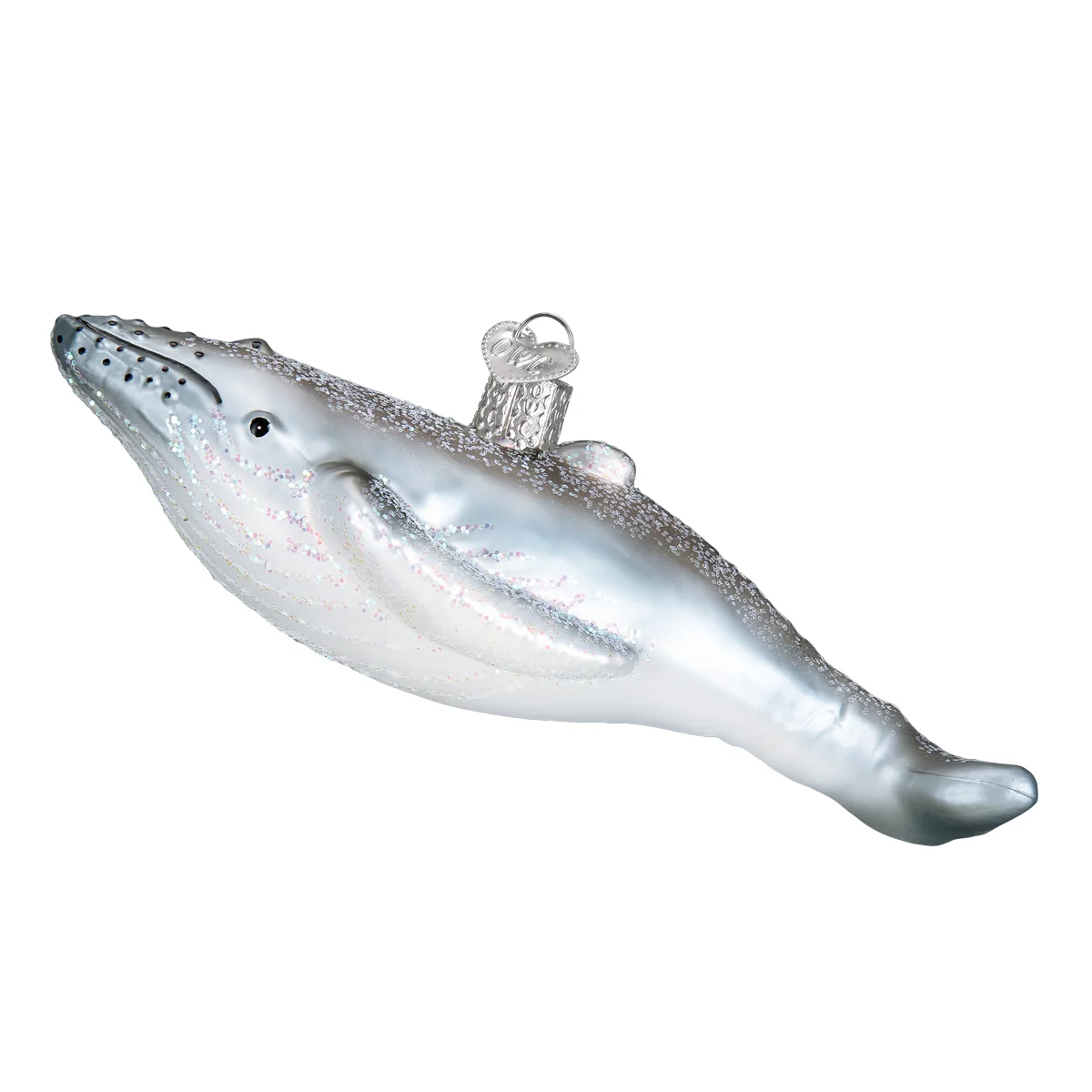 Mellow Monkey hand-blown glass humpback whale ornament in shimmering silver with glitter accents for holiday decor.