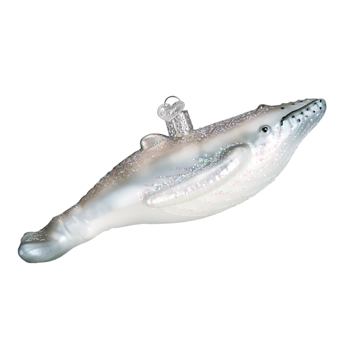 Mellow Monkey hand-blown glass humpback whale ornament with iridescent glitter finish for holiday tree decoration.