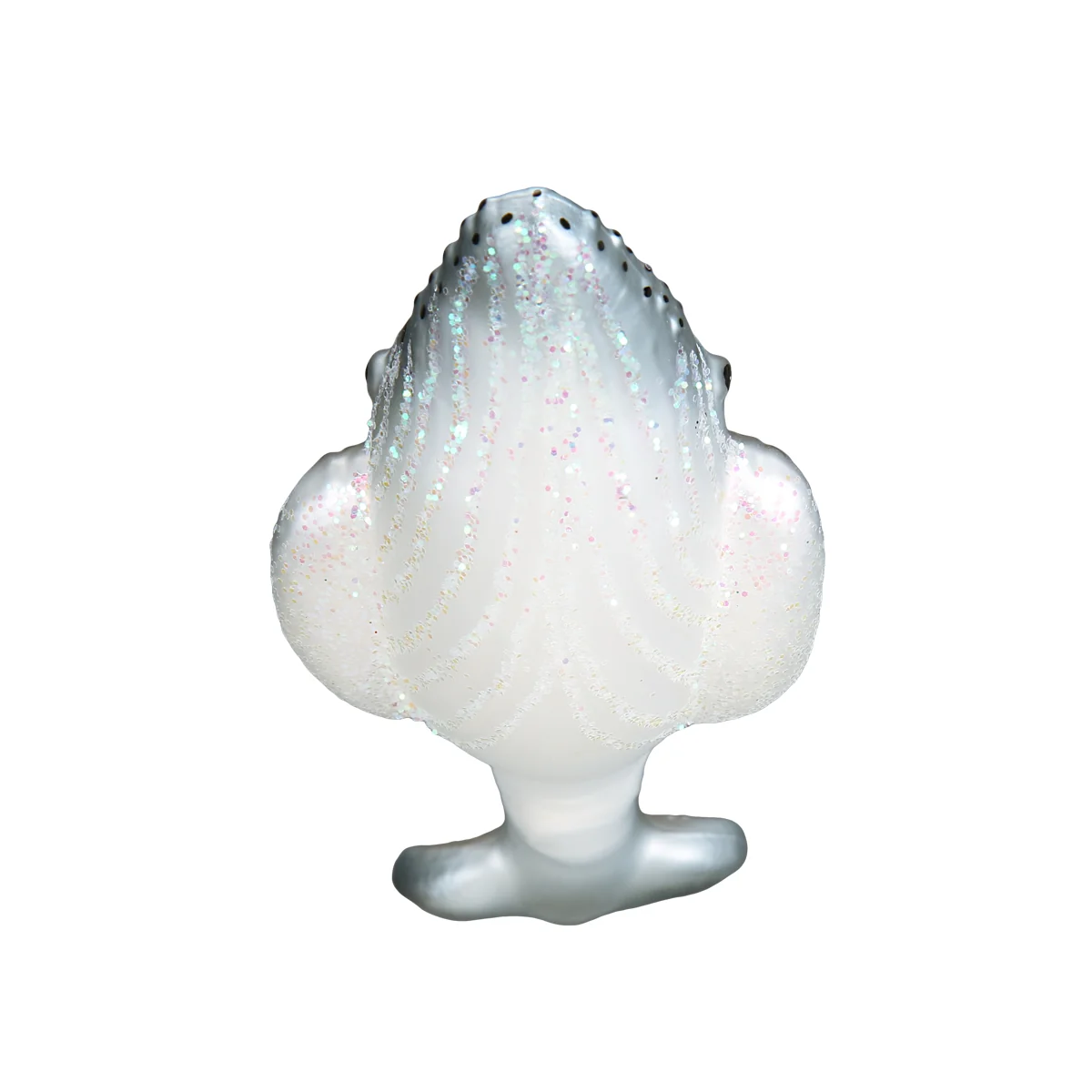 Mellow Monkey hand-blown glass humpback whale ornament with iridescent glitter accents on a white background