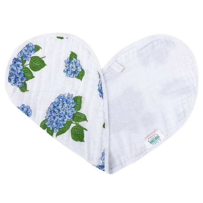 Mellow Monkey 2-in-1 baby burp cloth and bib featuring a blue hydrangea floral print on soft bamboo cotton muslin