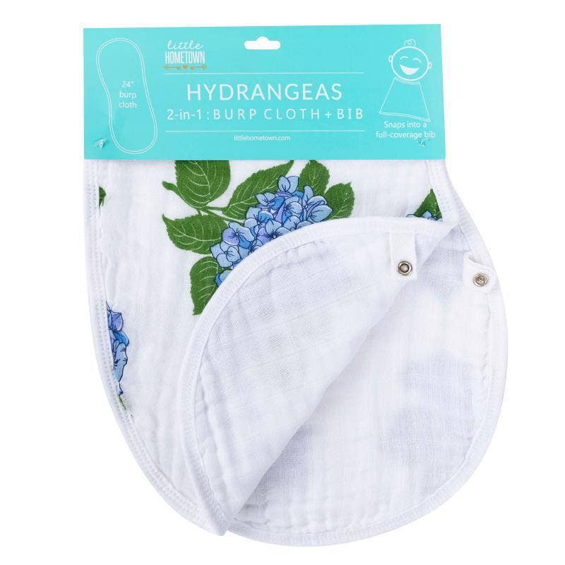 Mellow Monkey 2-in-1 bamboo and cotton muslin burp cloth and bib featuring a blue hydrangea floral print