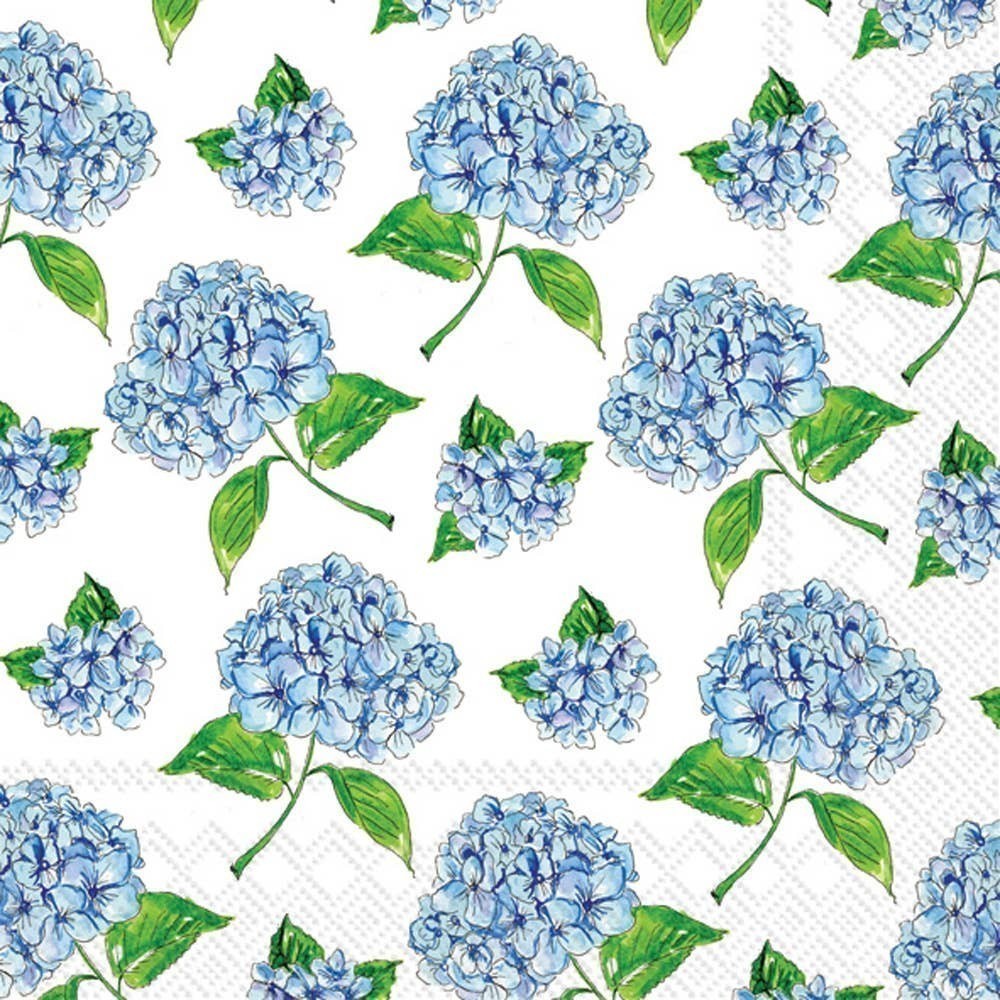 Mellow Monkey Paper Cocktail Napkins 20ct Hydrangea Scatter, blue hydrangeas with green leaves on white background, 3-ply, 5x5 in.