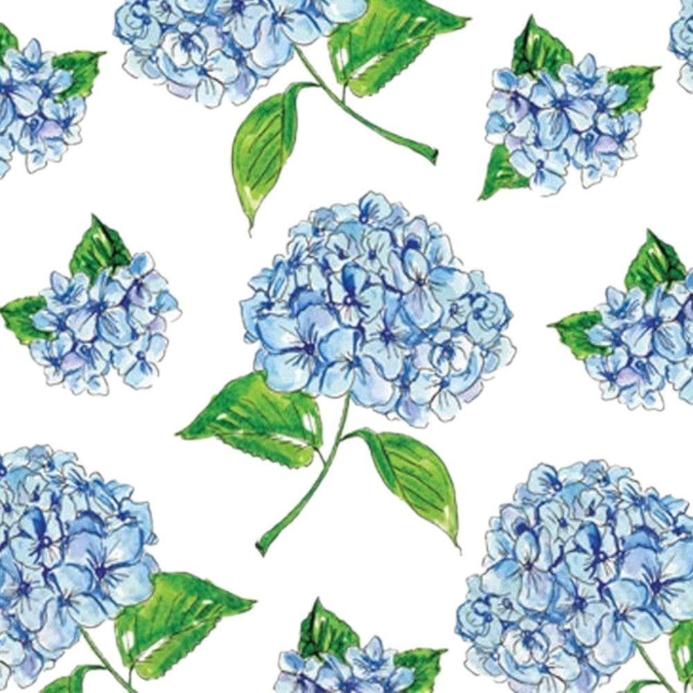 Mellow Monkey Paper Cocktail Napkins 20ct Hydrangea Scatter, blue hydrangeas with green leaves on white background, 3-ply, 5x5 in.