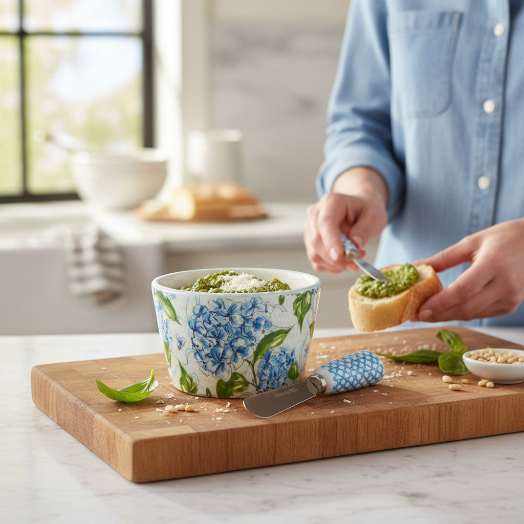 Mellow Monkey Hydrangea Floral Print Ceramic Bowl with Spreader, blue and green floral design, perfect for dips and spreads.