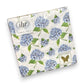 Mellow Monkey Hydrangea Floral Patterned Paper Napkins, blue hydrangeas and green leaves on white paper