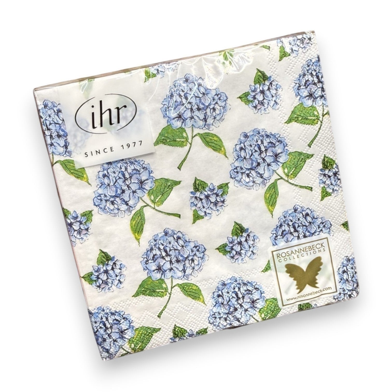 Mellow Monkey Hydrangea Floral Patterned Paper Napkins, blue hydrangeas and green leaves on white paper