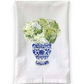 Mellow Monkey white cotton flour sack towel featuring a blue and white vase with green hydrangea flowers