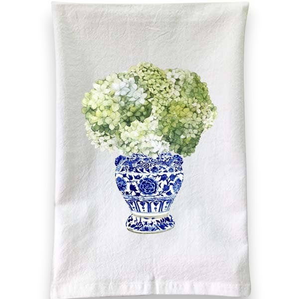 Mellow Monkey white cotton flour sack towel featuring a blue and white vase with green hydrangea flowers