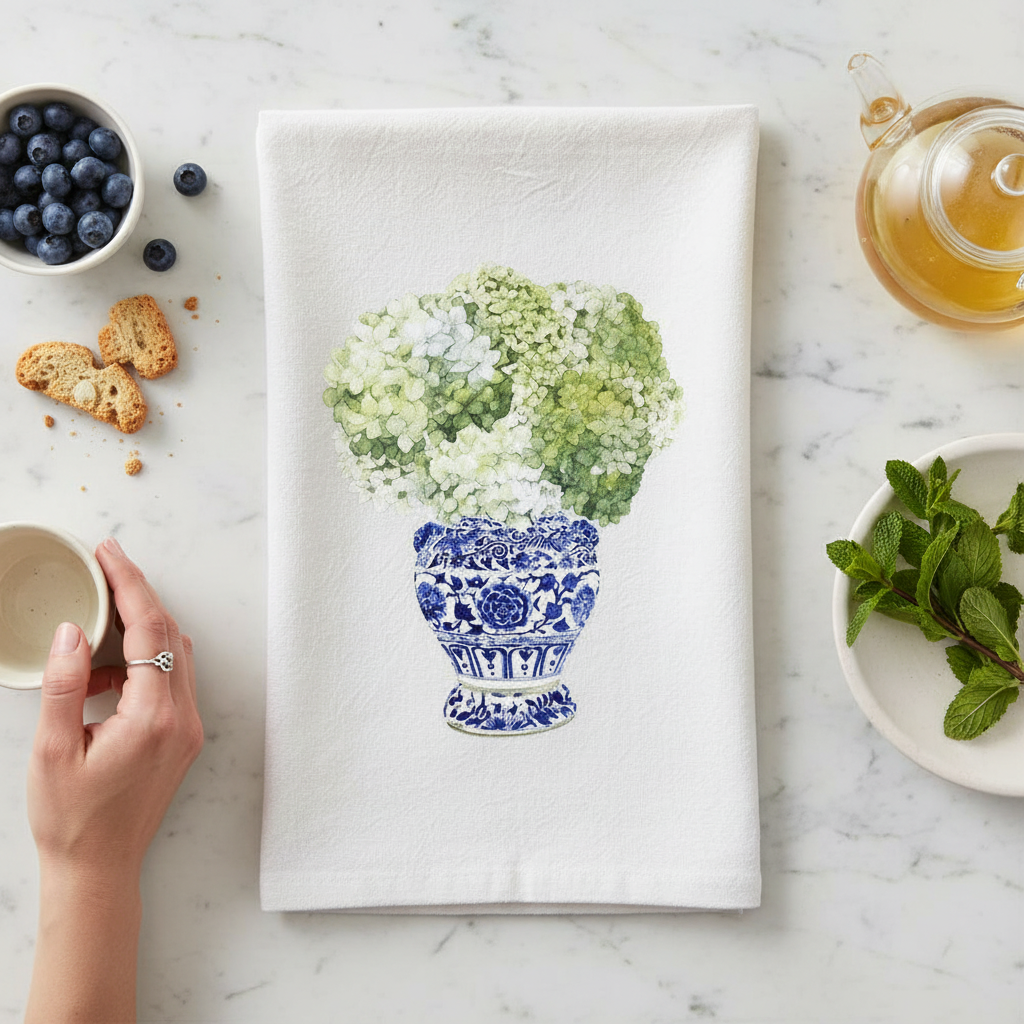 Mellow Monkey white cotton flour sack towel featuring a blue and white vase with green hydrangeas on a marble table.