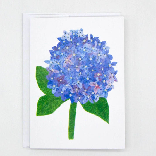 Mellow Monkey Hydrangea Bloom greeting card with a watercolor-style illustration of a blue and purple hydrangea flower with green leaves.