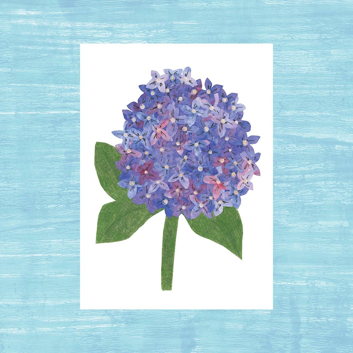 Mellow Monkey Hydrangea Bloom greeting card with purple and blue flowers and green leaves on white cardstock.