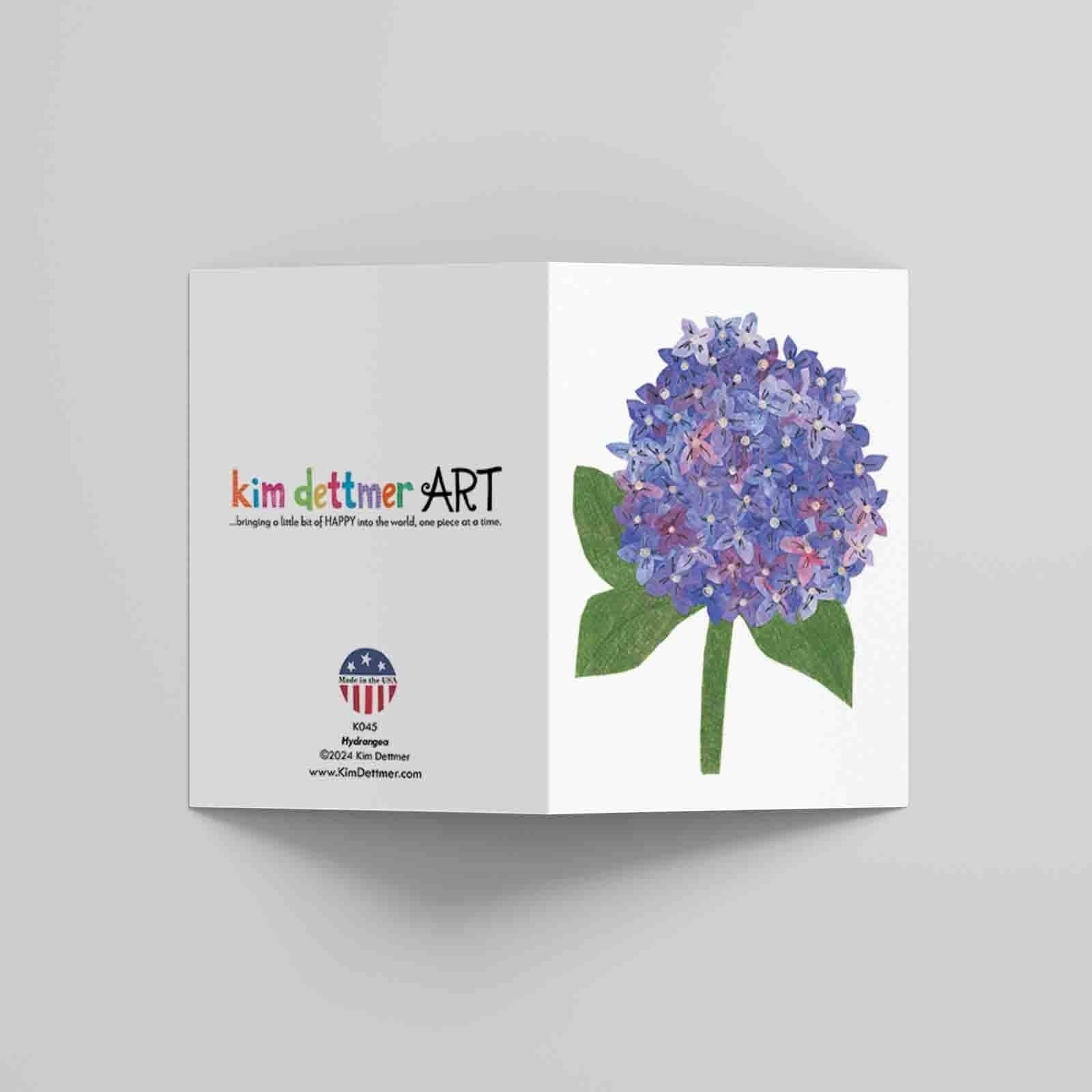Mellow Monkey Hydrangea Bloom greeting card with purple and blue flowers, blank inside, printed on 100# cover stock.