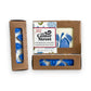 Mellow Monkey Hydrangea Heaven handmade soap bar with blue floral design and white swirls, 4oz.