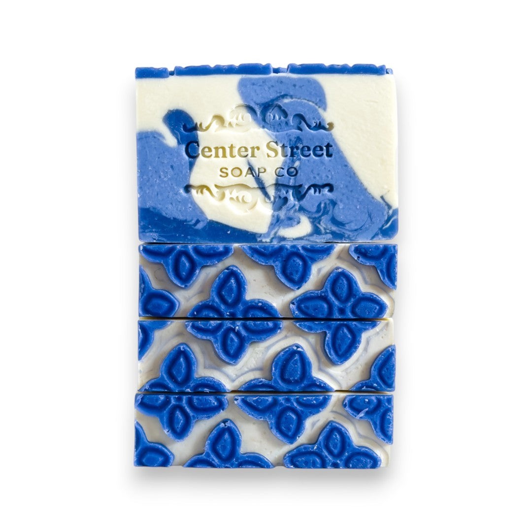 Mellow Monkey Hydrangea Heaven handmade soap bar with blue floral pattern and marbled top. 4-oz.