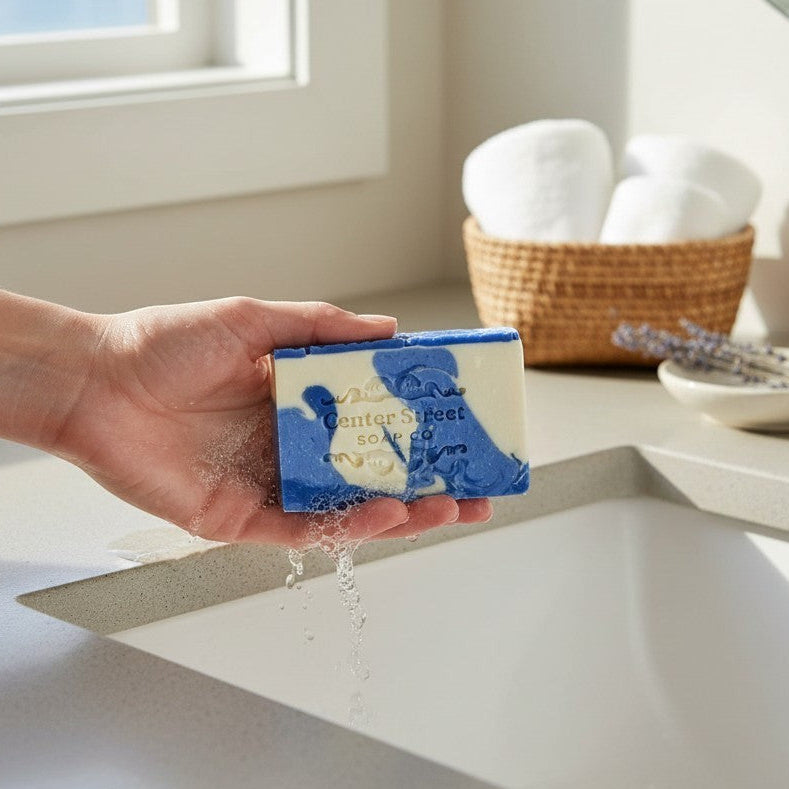 Mellow Monkey Hydrangea Heaven handmade soap bar with blue and white swirls, 4-oz, vegan and all-natural base.