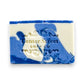 Mellow Monkey Hydrangea Heaven handmade soap bar, 4-oz, with blue and white swirls and embossed text.