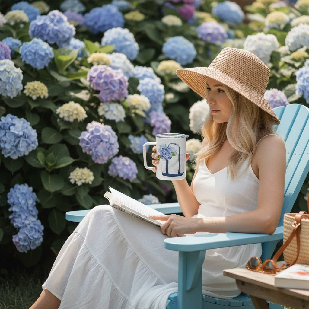 Mellow Monkey 12oz insulated stainless steel mug with hydrangea art, held by a woman in a garden setting.