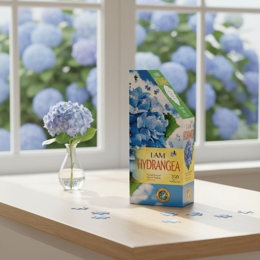 Mellow Monkey I AM HYDRANGEA 350-piece floral-shaped jigsaw puzzle with blue hydrangeas. Includes fun facts booklet.