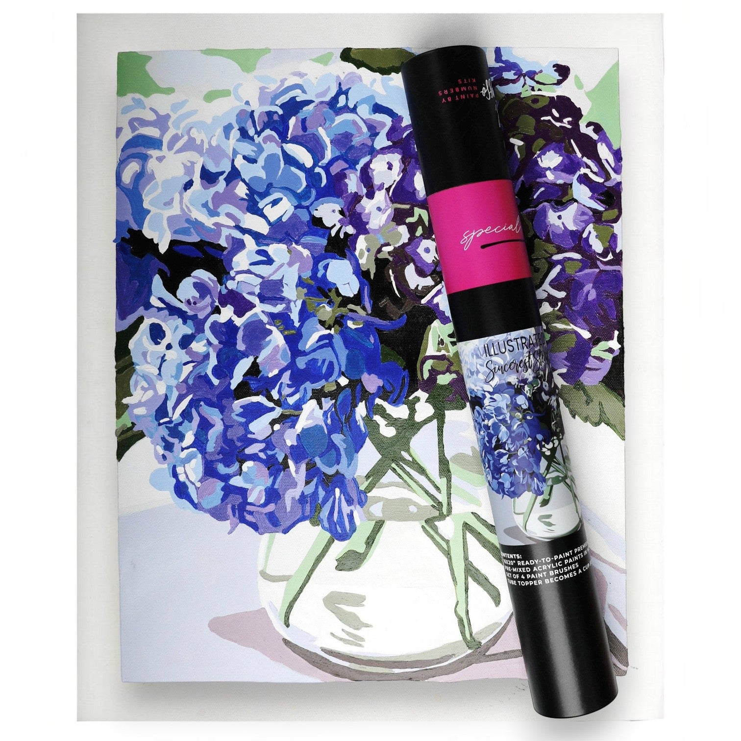 Mellow Monkey paint by number kit featuring a blue and purple hydrangea floral design on an 8x10 canvas with tube.