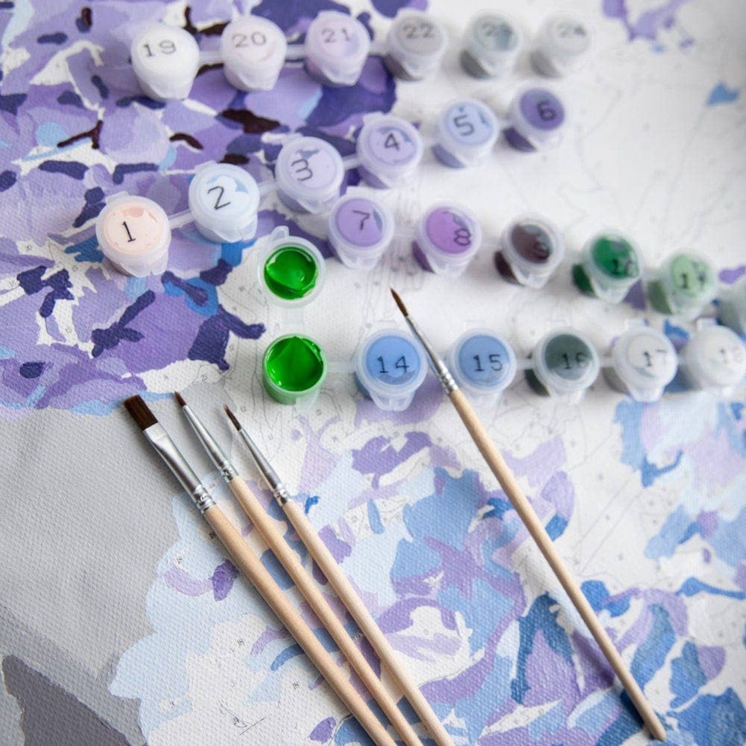 Mellow Monkey Happily Hydrangea paint by number kit with numbered acrylic paint pots, brushes, and floral canvas.