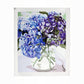 Mellow Monkey paint by number kit featuring a vibrant bouquet of blue and purple hydrangea flowers in a glass vase.