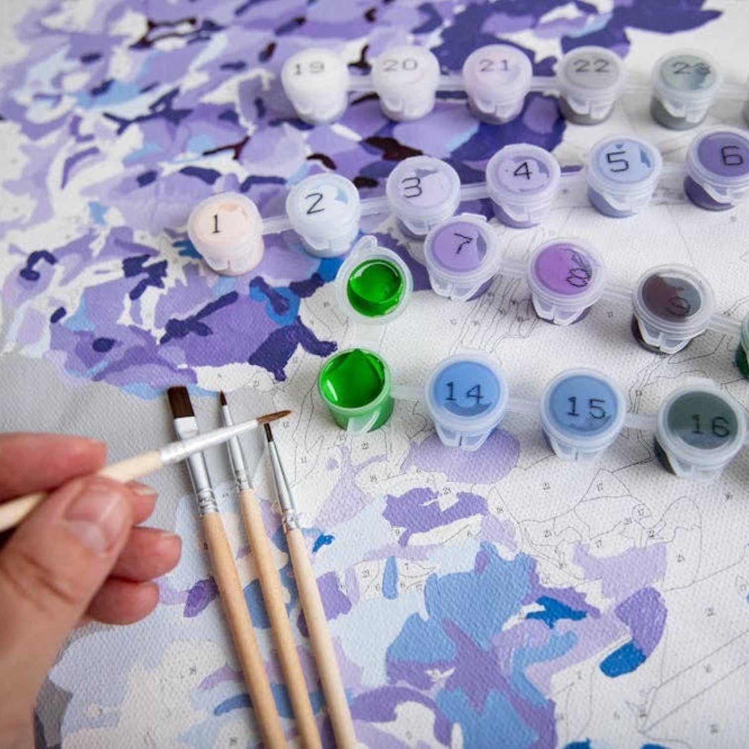 Mellow Monkey Happily Hydrangea paint by number kit with numbered acrylic paint pots, brushes, and floral canvas.