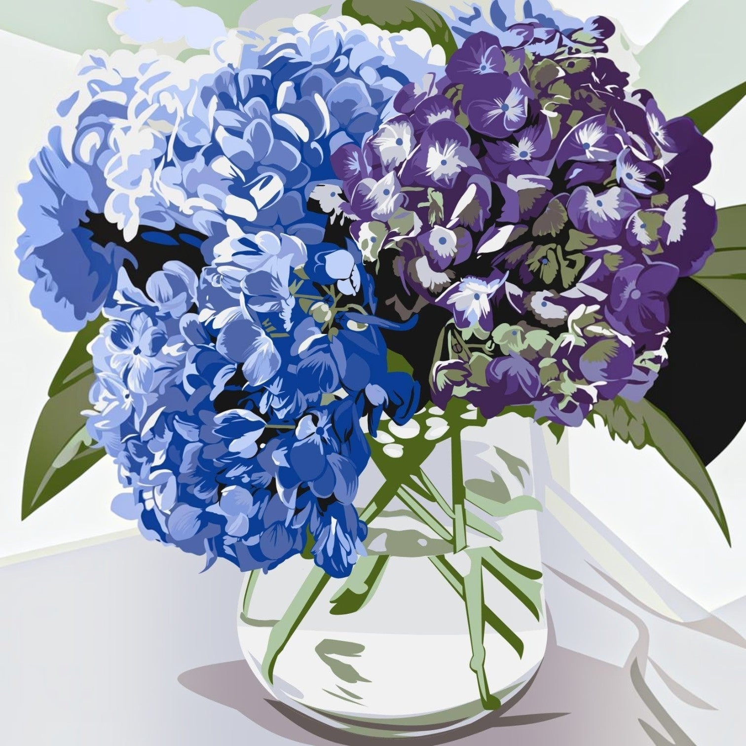 Mellow Monkey paint by number kit featuring a vibrant bouquet of blue and purple hydrangeas in a clear glass vase.