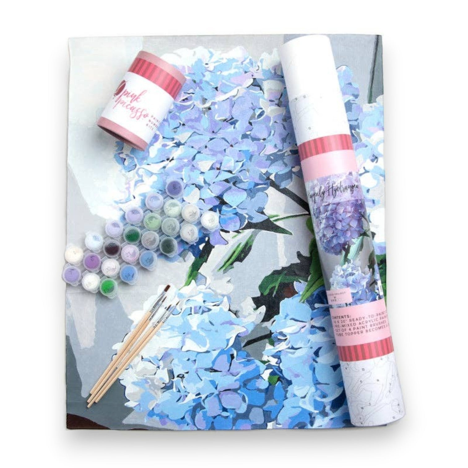 Mellow Monkey Happily Hydrangea paint by number kit with blue floral canvas, acrylic paints, and brushes.