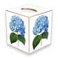 Mellow Monkey handmade papier mache tissue box cover featuring blue Nikko hydrangea floral decoupage and gold edges.