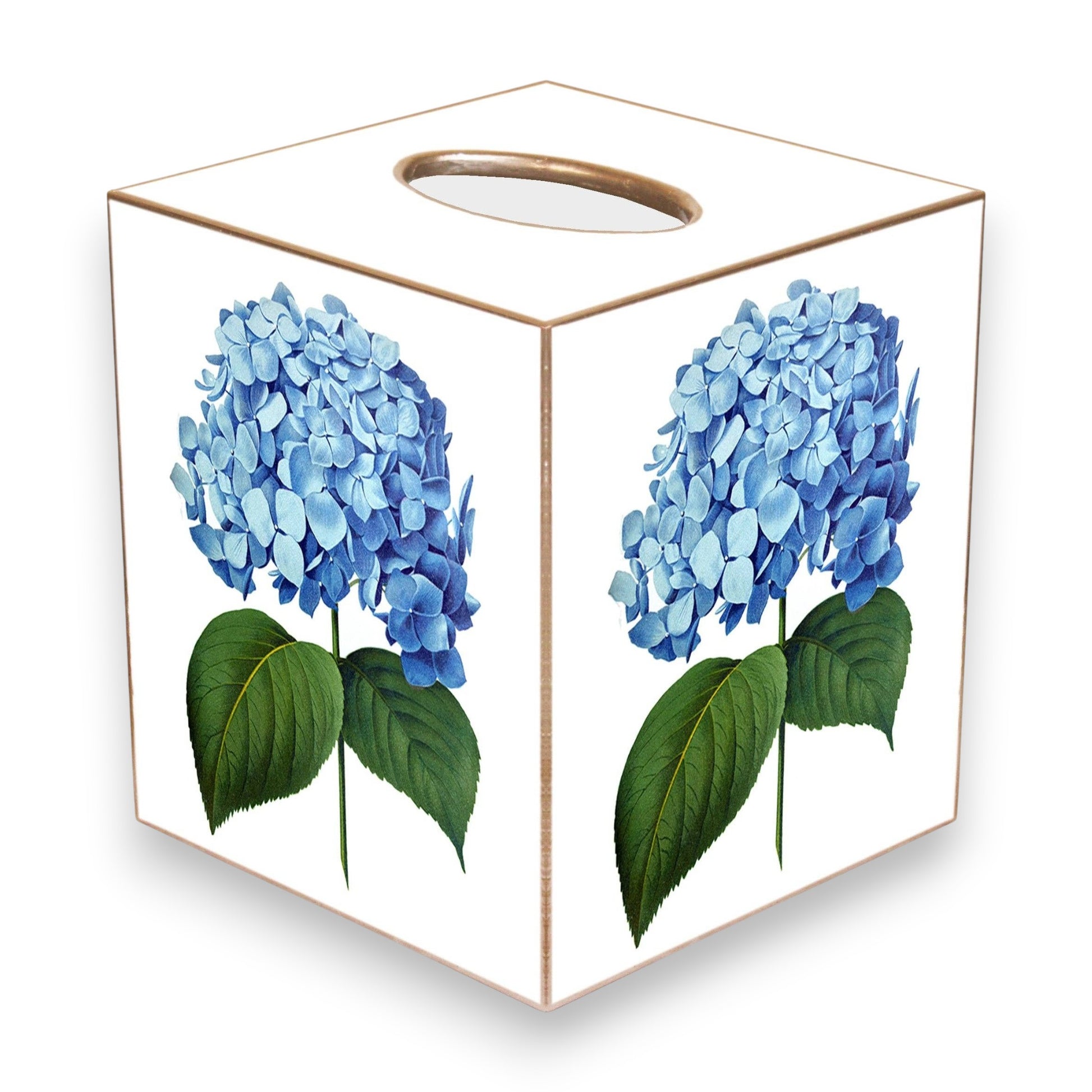 Mellow Monkey handmade papier mache tissue box cover featuring blue Nikko hydrangea floral decoupage and gold edges.