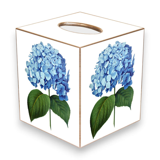 Mellow Monkey handmade papier mache tissue box cover featuring blue Nikko hydrangea floral decoupage and gold edges.