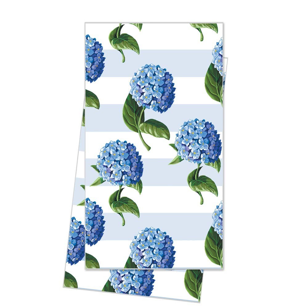 Mellow Monkey Hydrangea Stripe Cotton Tea Towel, 19"x29", blue floral pattern on white and light blue stripes.