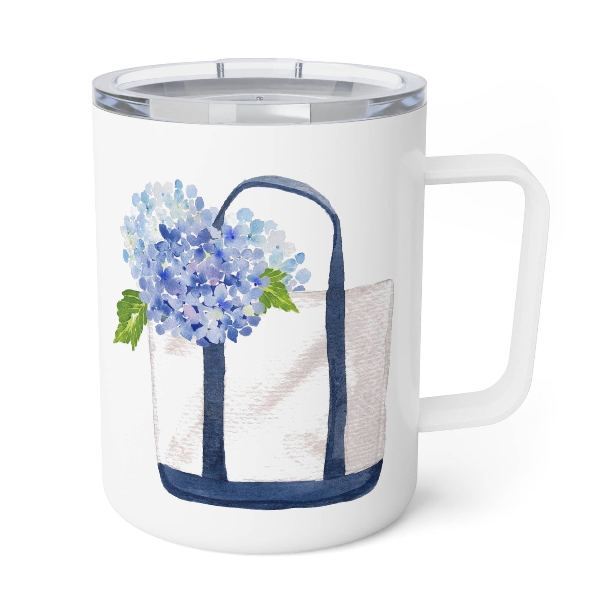 Mellow Monkey 12oz white stainless steel insulated mug with a blue hydrangea tote bag watercolor illustration