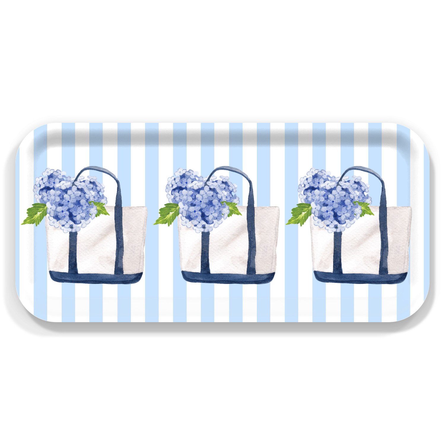 Mellow Monkey small rectangular birch wood serving tray featuring a blue hydrangea canvas tote print on stripes