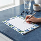 Mellow Monkey Hydrangeas Stripe Notepad, 5x7-in, featuring blue hydrangeas and light blue stripes.