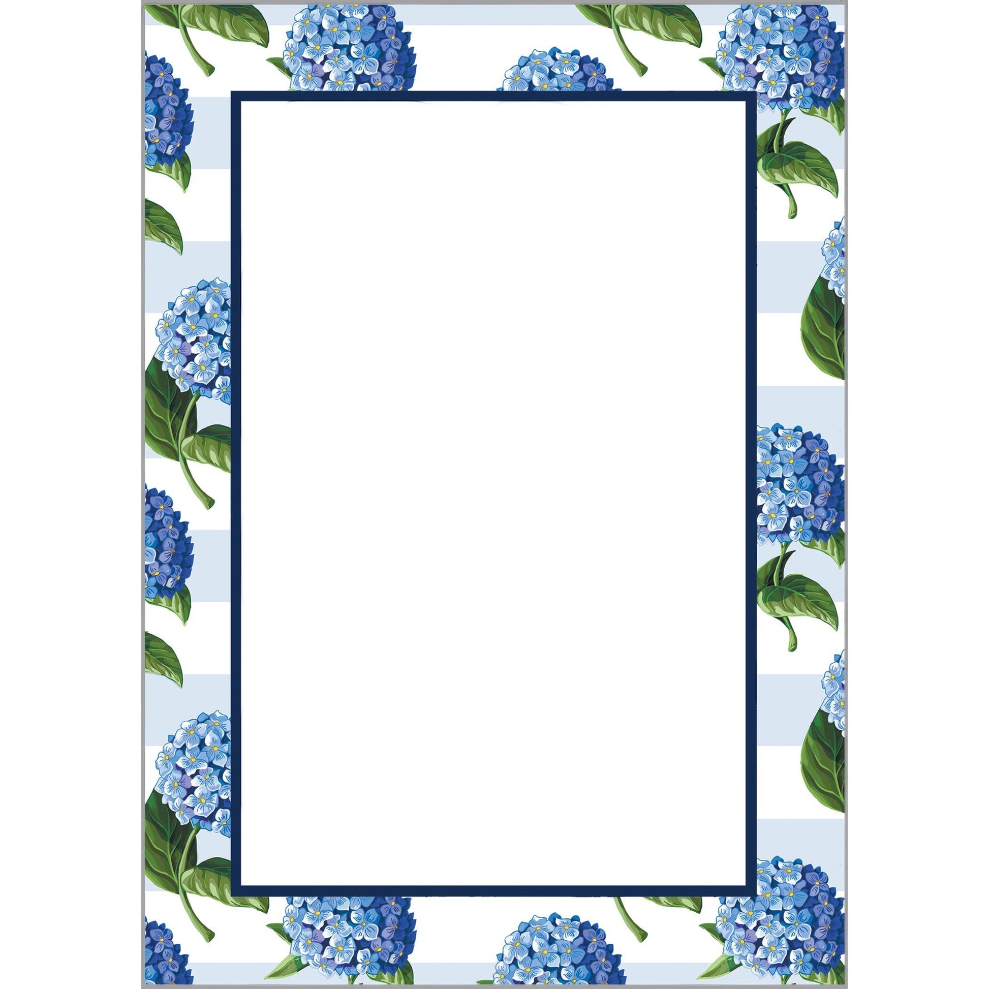 Mellow Monkey Hydrangeas Stripe Notepad - 5x7-in, blue floral design with white and light blue stripes.