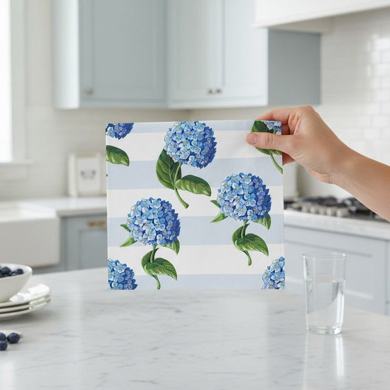 Mellow Monkey Paper Cocktail Napkins - Hydrangeas Stripe pattern with blue hydrangeas and light blue stripes.