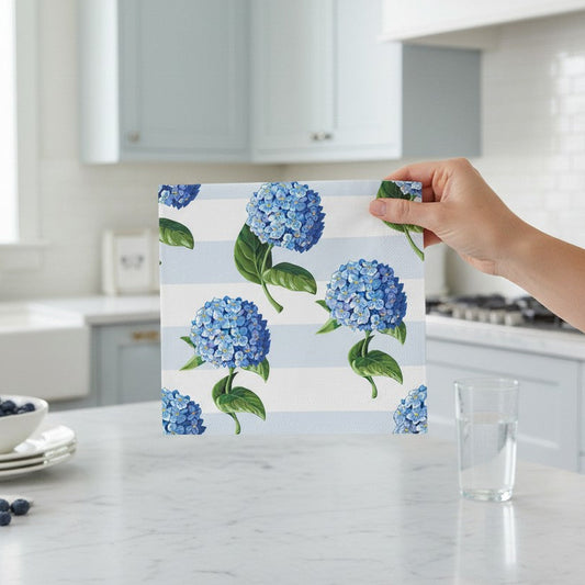 Mellow Monkey Paper Cocktail Napkins - Hydrangeas Stripe pattern with blue hydrangeas and light blue stripes.