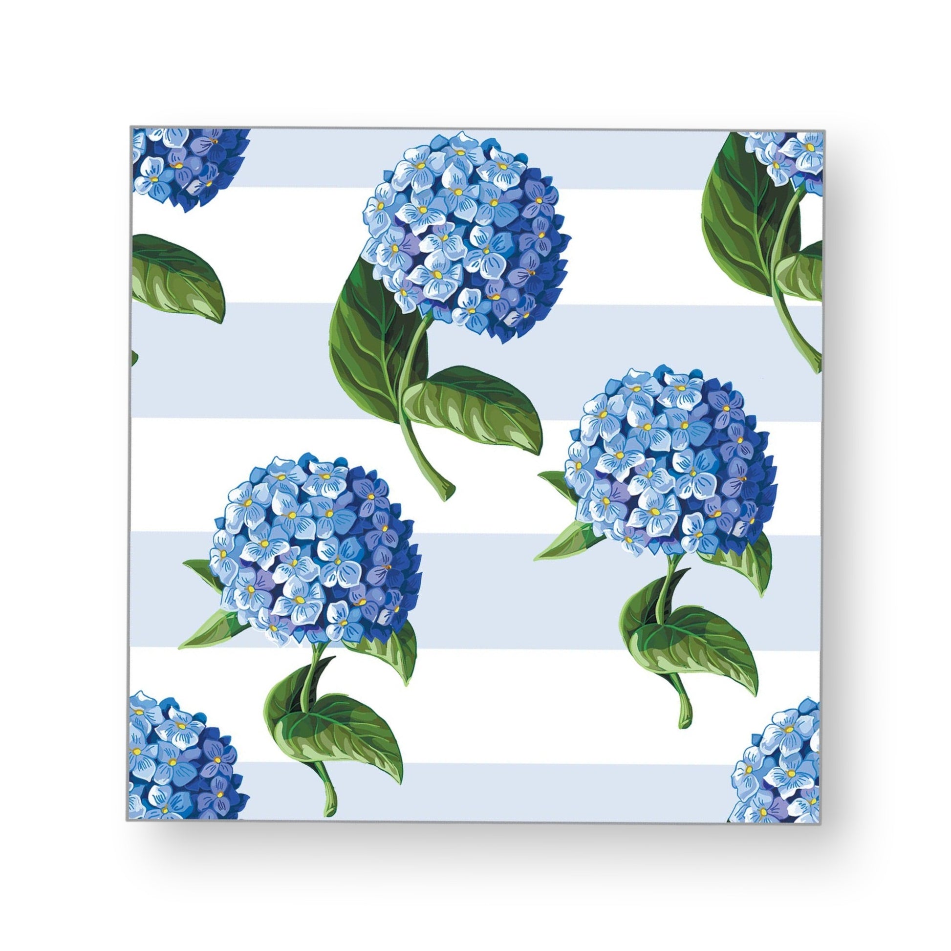 Mellow Monkey Paper Cocktail Napkins - Hydrangeas Stripe pattern with blue hydrangeas and light blue stripes.