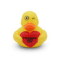 Mellow Monkey yellow rubber duck winking and holding a red heart with the text I Ducking Love You