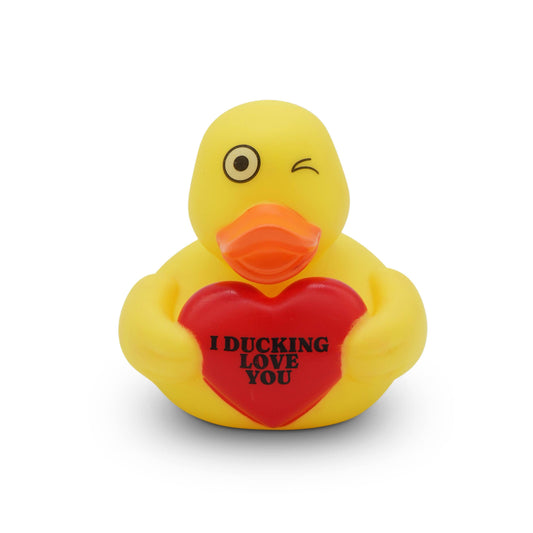Mellow Monkey yellow rubber duck winking and holding a red heart with the text I Ducking Love You