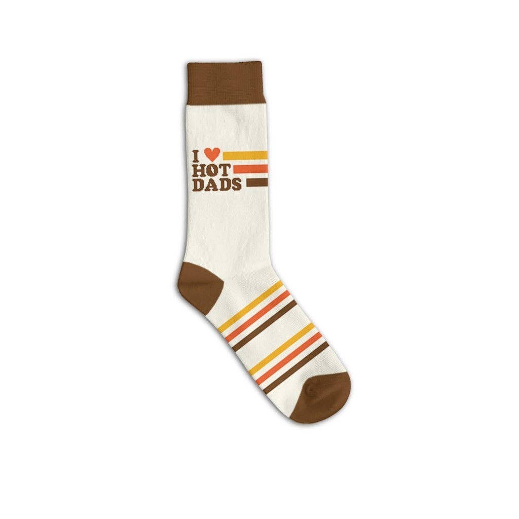 Mellow Monkey I Love Hot Dads crew socks in off-white with retro brown, orange, and yellow stripes.
