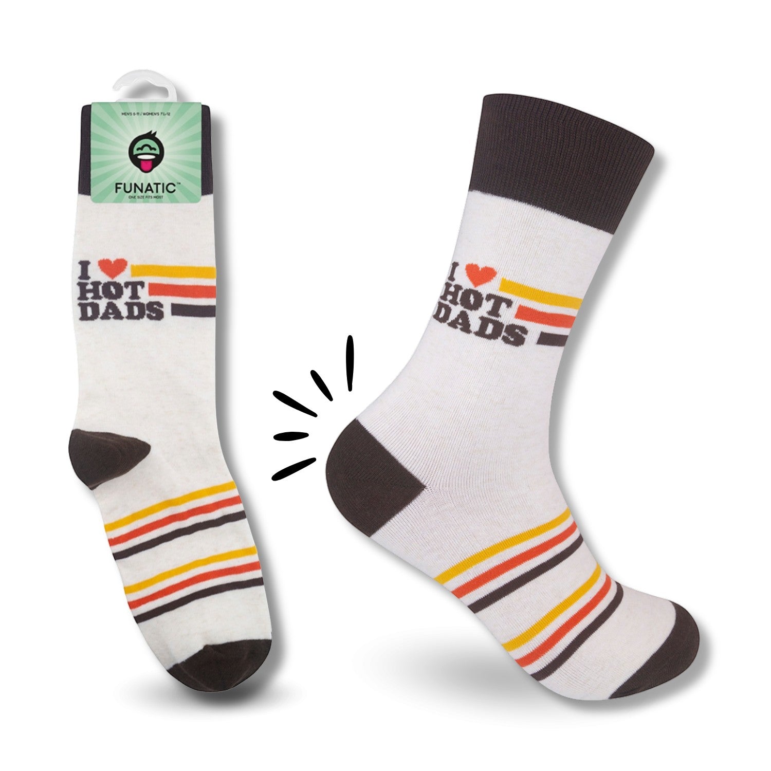Mellow Monkey Funatic I Love Hot Dads crew socks with retro brown, orange, and yellow stripes on an off-white base.